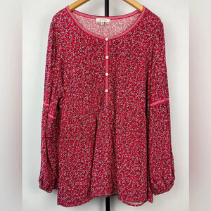 Max Studio Red Ditsy Cherry Print Peasant Style Loose Boho Balloon Sleeve Blouse